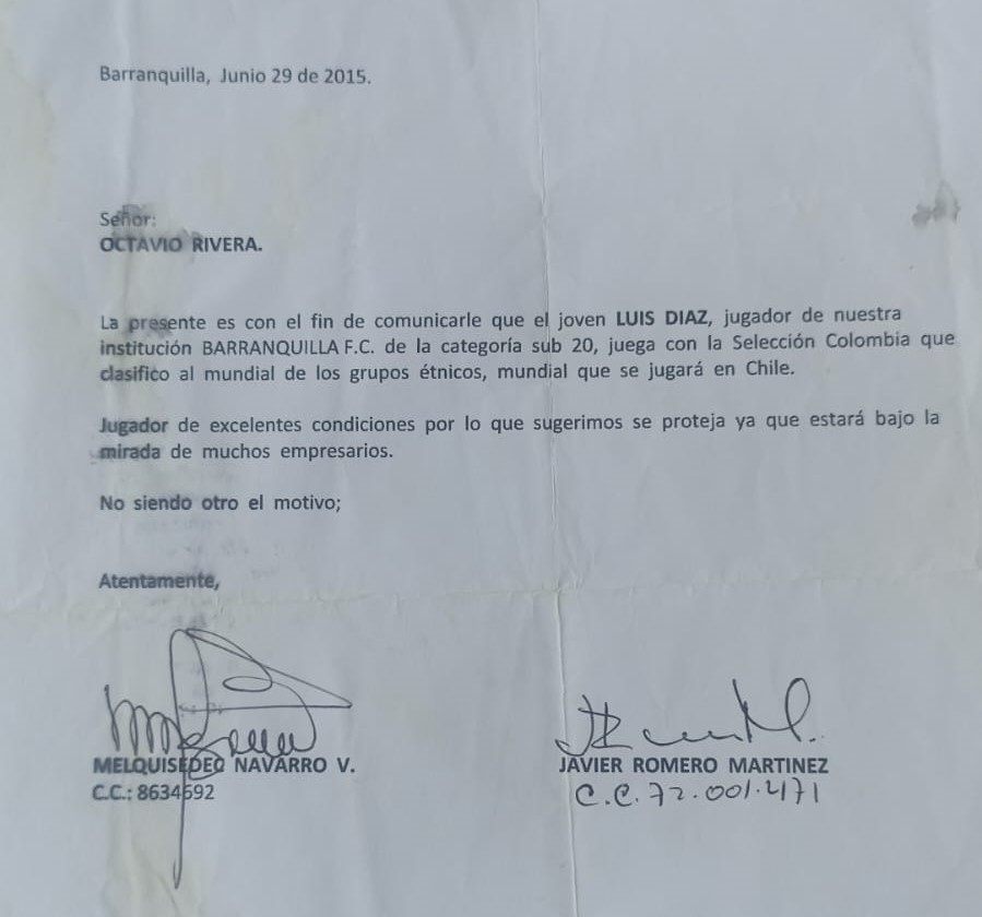 Carta sobre Luis Díaz y el Junior de Barranquilla. Crédito: Cortesía.